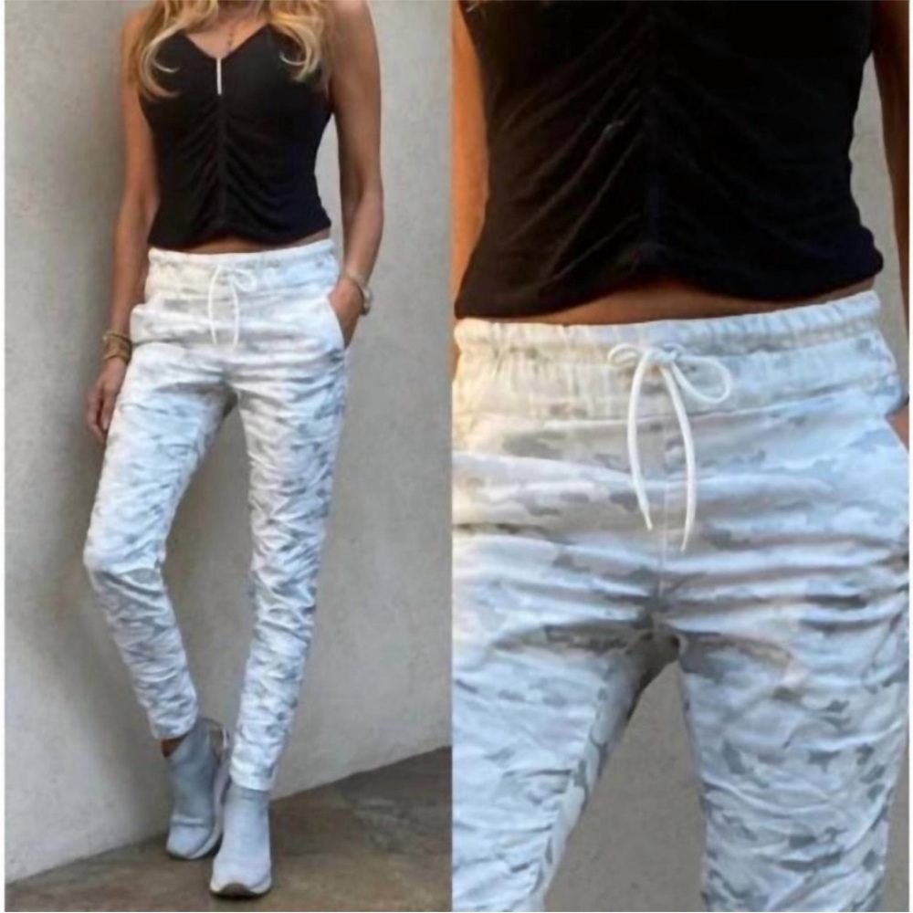 BEVY FLOG CAMO SHELY PANTS WHITE GRAY Pull On Tie Waist Pockets Sz 24